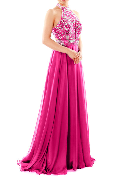 MACloth Women Halter High Neck Sleeveless Long Prom Party Dress Evening Gown