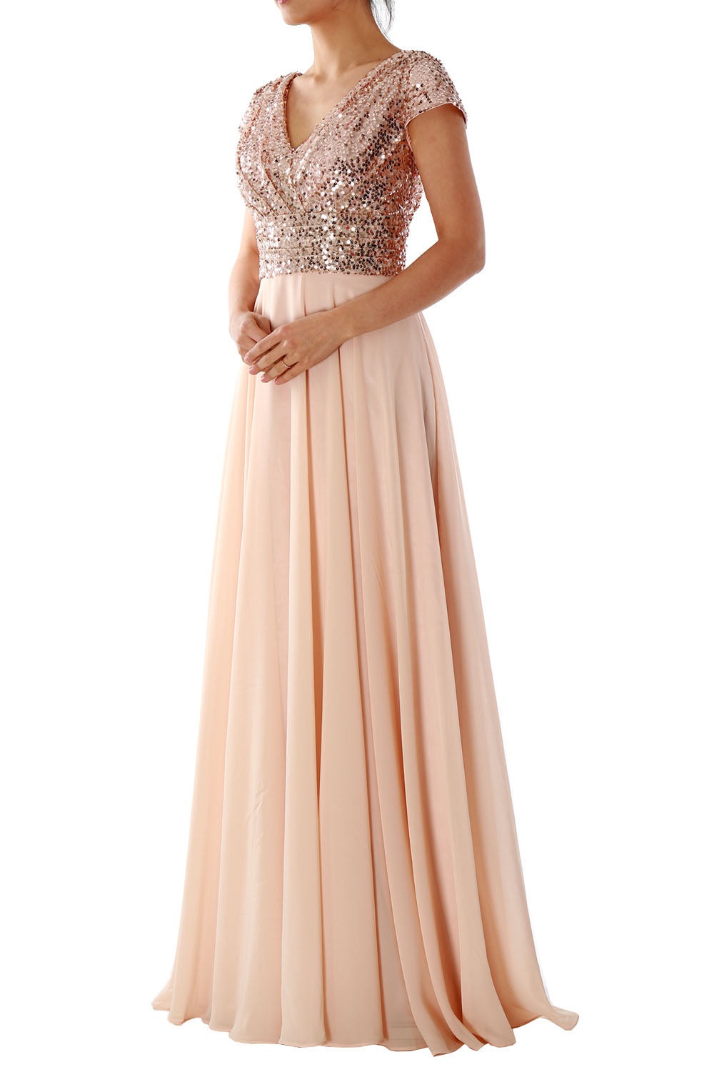 Cap Sleeves V Neck Sequin Chiffon Rose Gold Bridesmaid Dress