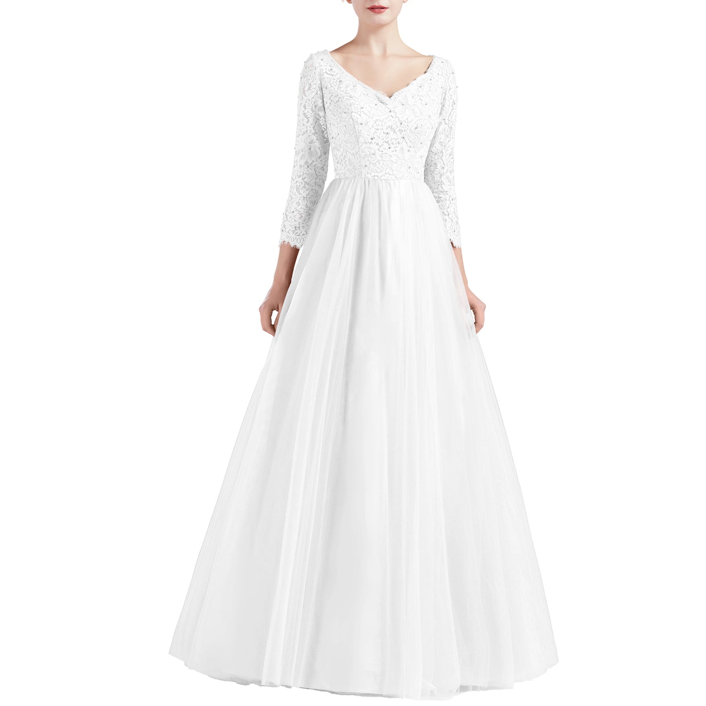 MACloth Women V Neck 3/4 Sleeve Long Tulle Prom Party Dresses Ball Gown Bridal