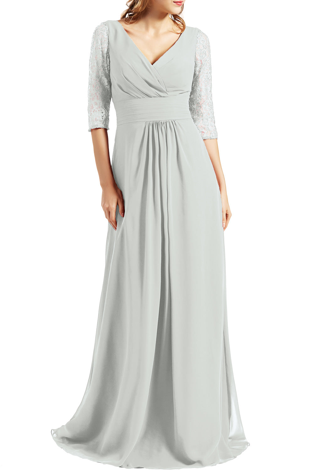 MACloth Langes Abendkleid für die Brautmutter mit V-Ausschnitt und 3/4-Ärmeln für Damen
