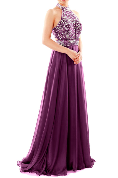 MACloth Women Halter High Neck Sleeveless Long Prom Party Dress Evening Gown