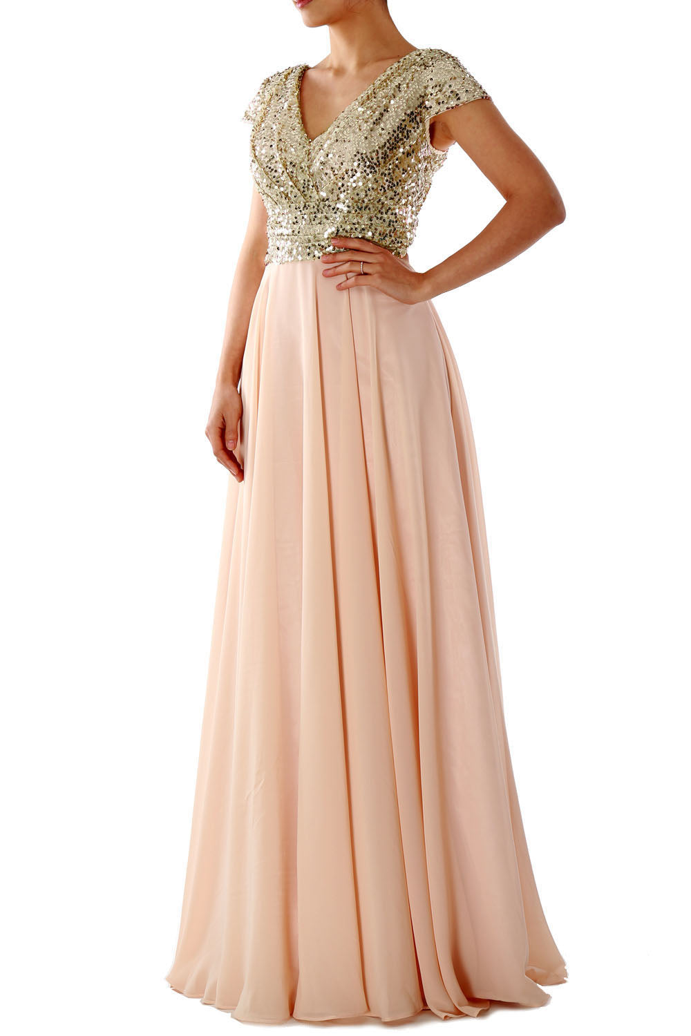 Cap Sleeves V Neck Sequin Chiffon Rose Gold Bridesmaid Dress