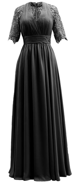 MACloth Long Mother of Bride Dresses Half Sleeves V Neck Formal Evening Gown
