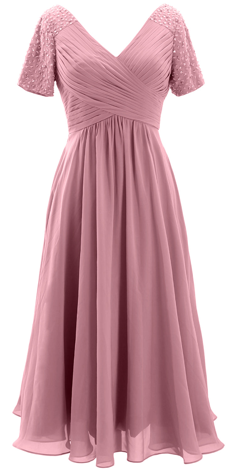 MACloth Damen Midi-Kleid für die Brautmutter, kurze Ärmel, für Hochzeitsgäste, wadenlang