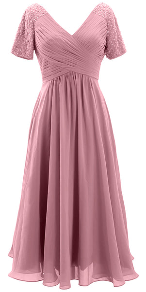 MACloth Women Midi Mother Bride Dresses Short Sleeves Wedding Guest Tea Length
