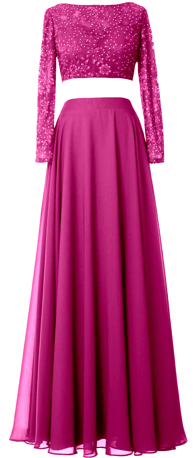 MACloth Damen Abendkleid aus Spitze und Chiffon, 2-teilig, lange Ärmel, Ballkleid