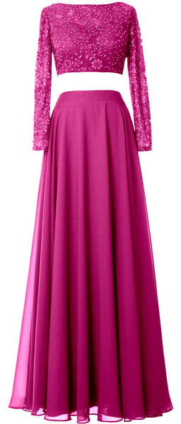 MACloth Women Lace Chiffon Formal Evening Gown 2 Piece Long Sleeves Prom Dresses