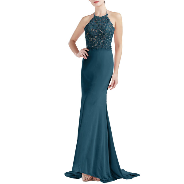 MACloth Women Sleeveless Halter Jersey Mermaid Long Prom Party Dresses Evening
