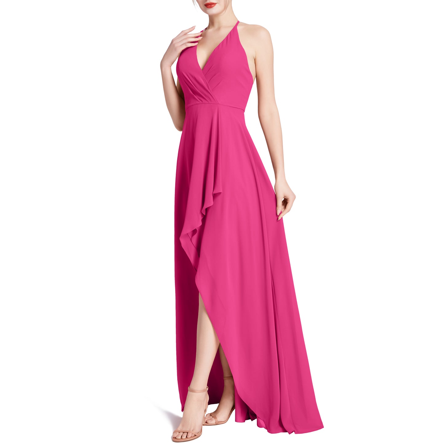 MACloth Women V Neck Halter Hi Lo Long Wedding Party Bridesmaid Dresses