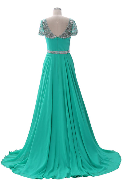 MACloth Women Short Sleeves Formal Evening Gown Boat Neck Beaded Long Prom Dress