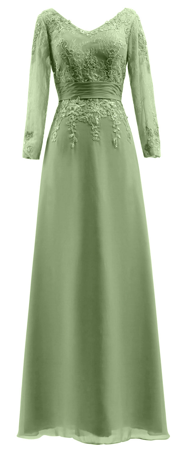 MACloth Vestidos de madre de la novia Mangas largas Cuello en V Encaje Vestido de noche formal