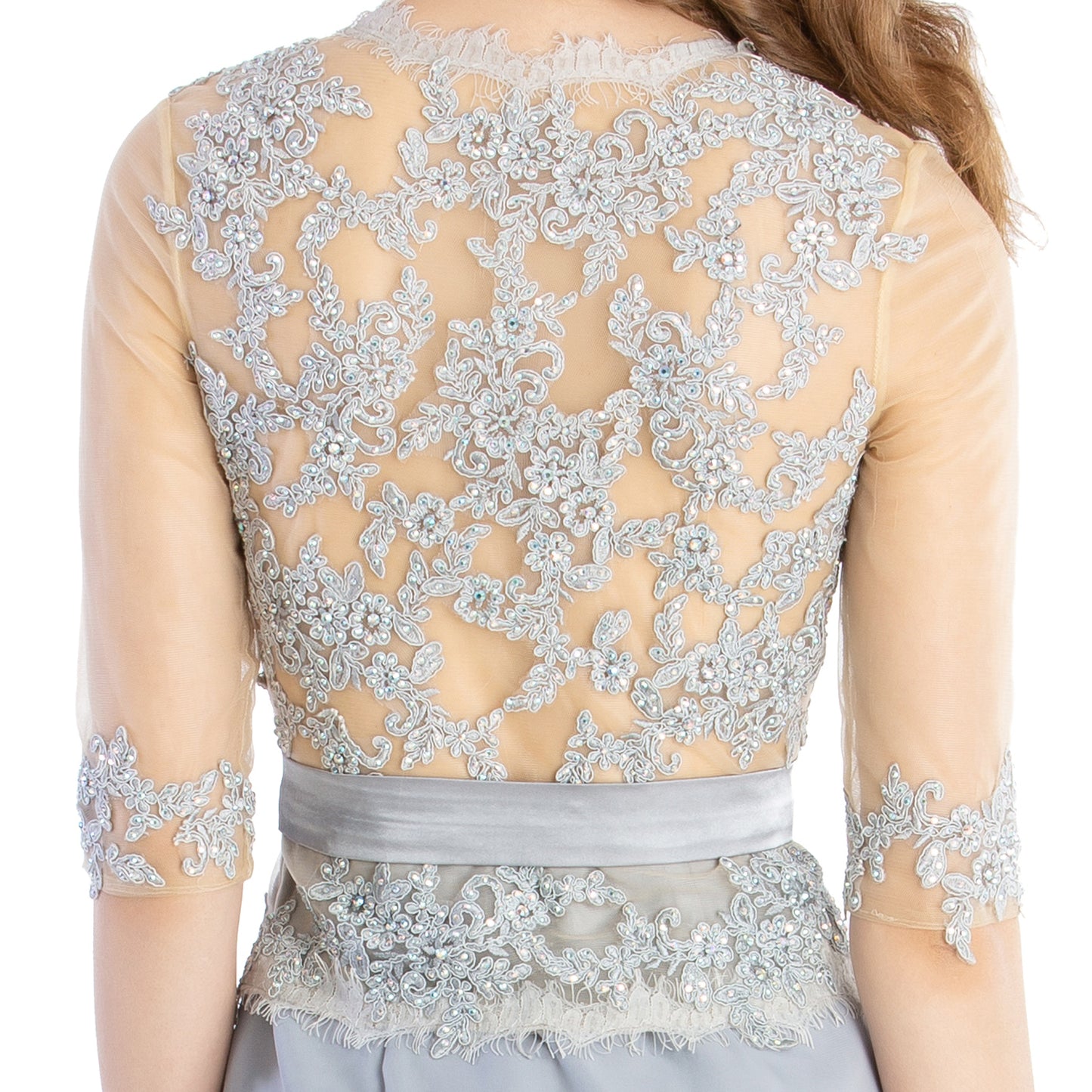 MACloth Damen-Kleid mit Rundhalsausschnitt, Perlenspitze, kurze Halbärmel, für die Brautmutter, Hochzeit, Brautparty