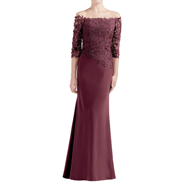 MACloth Women Off Shoulder 3/4 Sleeves Long Mother Bride Dresses Evening Gown