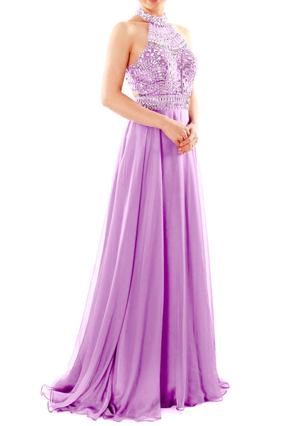 MACloth Women Halter High Neck Sleeveless Long Prom Party Dress Evening Gown