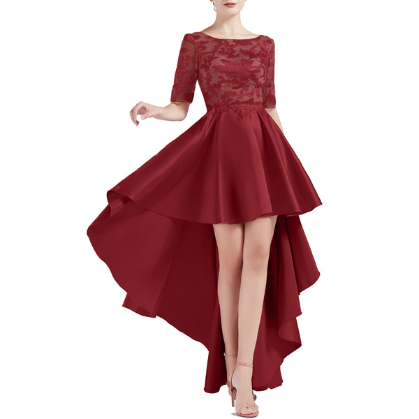 MACloth Women Scoop Neckline Half Sleeve High Low Lace Satin Prom Party Homecoming Dresses