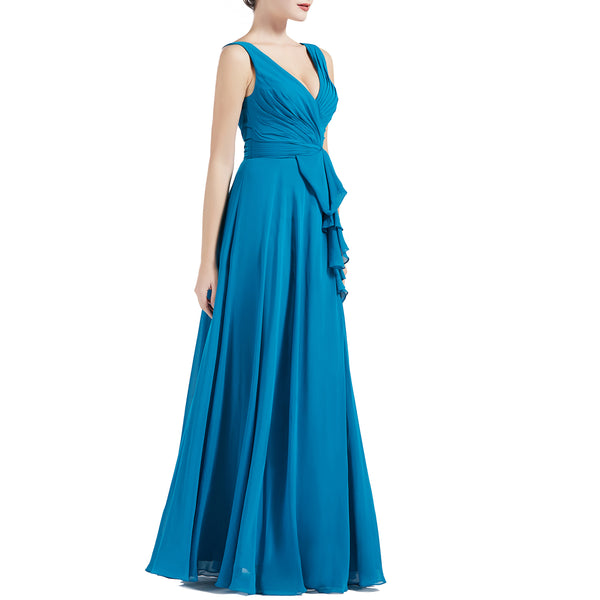 MACloth Women V Neck Long Pleated A Line Wedding Party Bridesmaid Dresses Slit