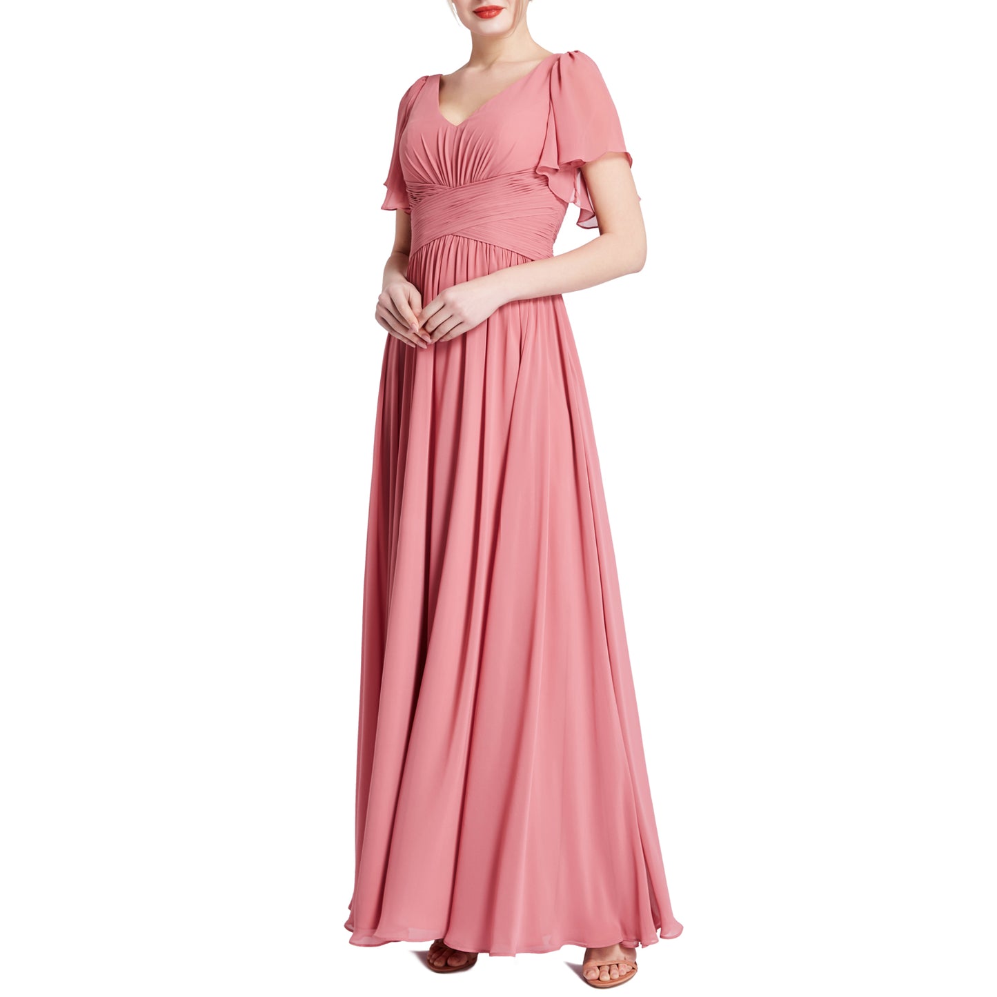 MACloth Vestidos de dama de honor románticos para fiesta de boda con cuello en V y manga corta para mujer