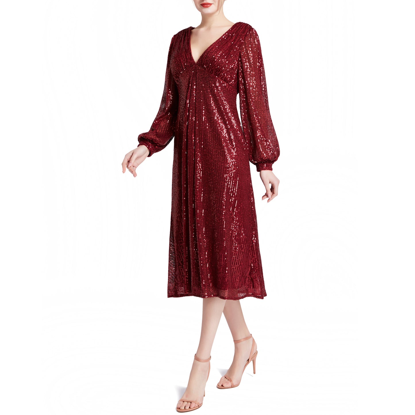 MACloth Women Tea Length Long Puff Sleeve Empire Sequin Cocktail Party Dresses