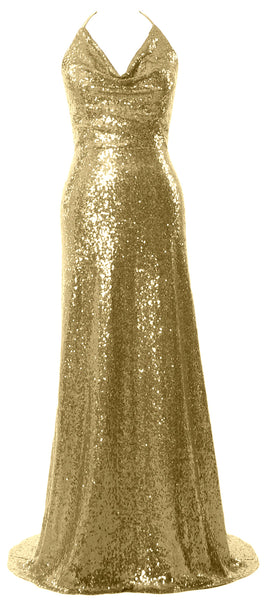 MACloth Women Halter Long Sequin Bridesmaid Dresses Party Evening Gown Maxi