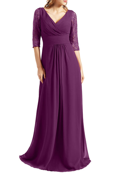 MACloth Women Long Mother of the Bride Dresses V Neck 3/4 Sleeves Evening Gown
