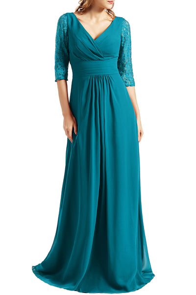 MACloth Women Long Mother of the Bride Dresses V Neck 3/4 Sleeves Evening Gown