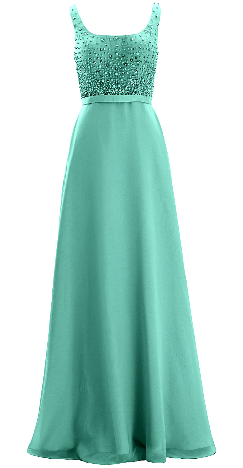 MACloth Women Straps Scoop Neck Beaded Formal Evening Gown 2019 Long Prom Dress