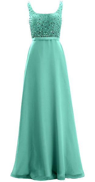 MACloth Women Straps Scoop Neck Beaded Formal Evening Gown 2019 Long Prom Dress