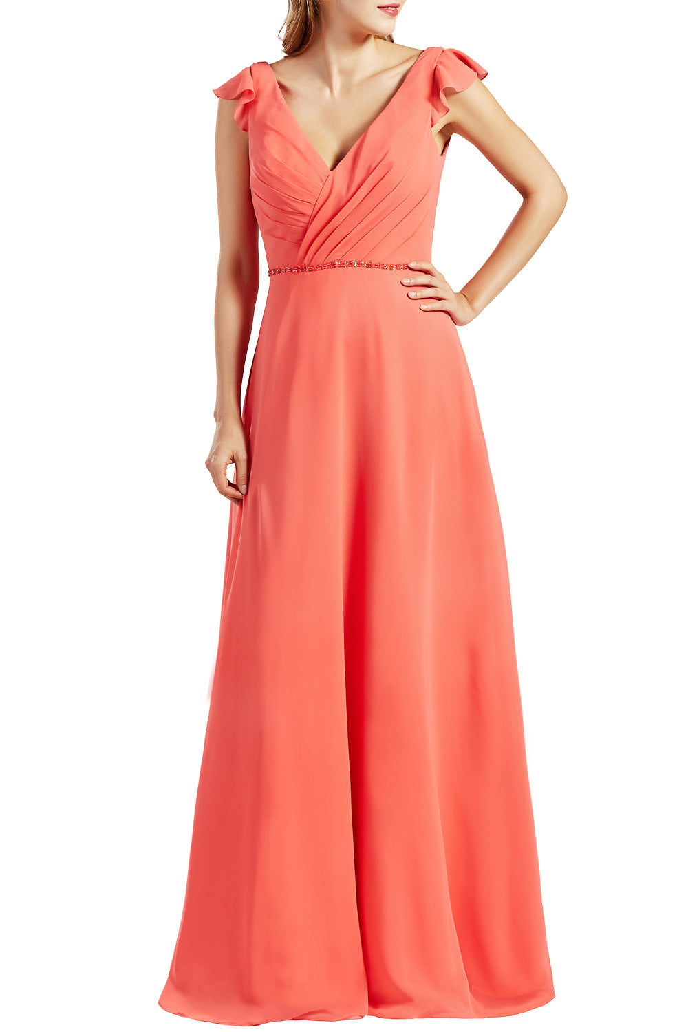 MACloth Women Cap Sleeves V Neck Chiffon Long Bridesmaid Dresses Evening Gown