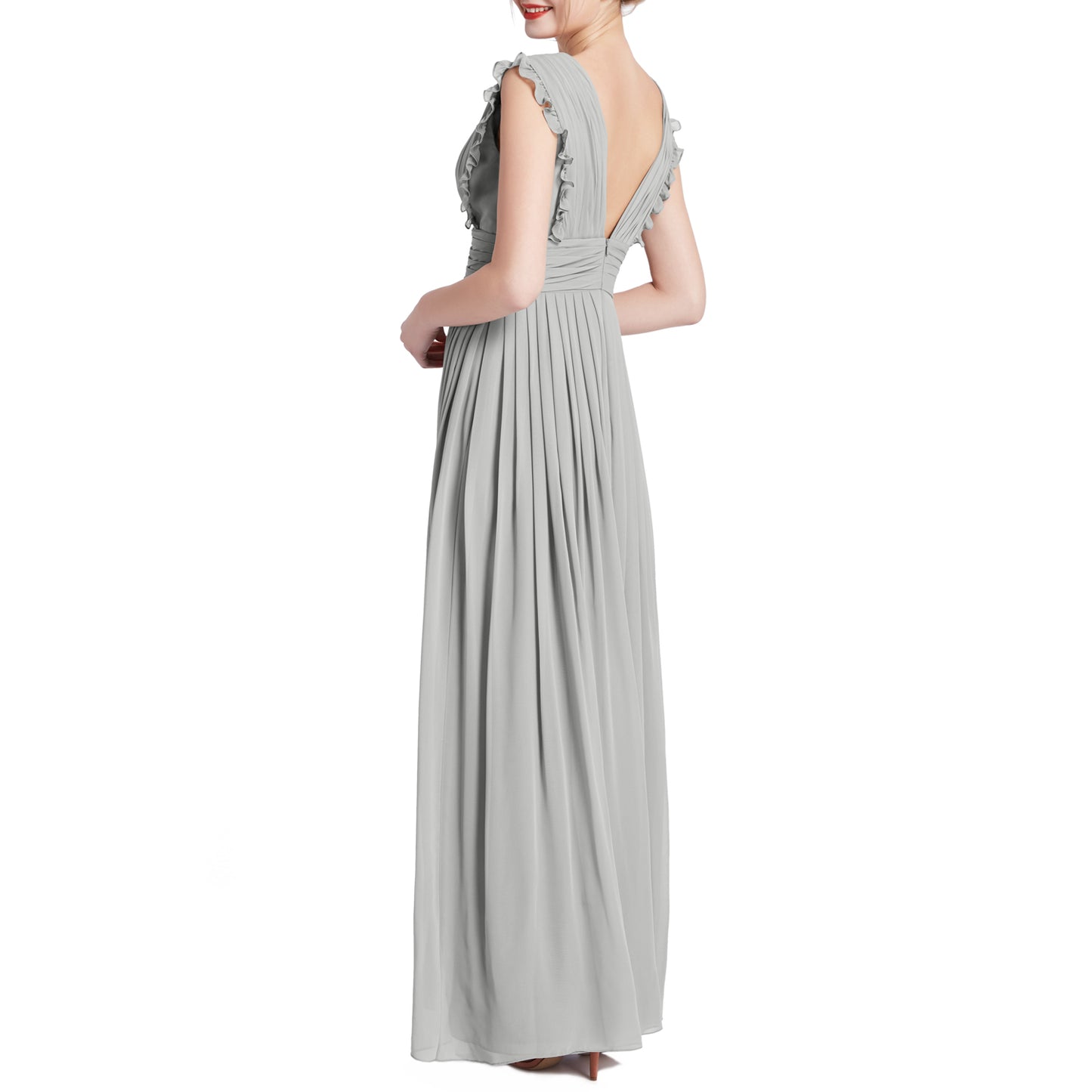 MACloth Women V Neck Ruffle Long Pleated Wedding Party Bridesmaid Dresses