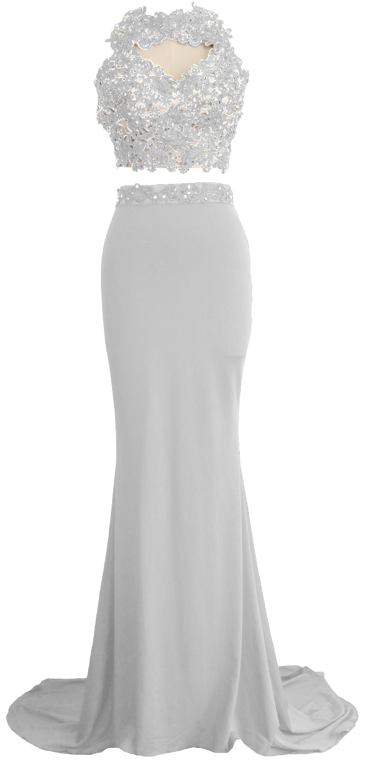 MACloth Damen Meerjungfrau 2-teiliges langes Ballkleid aus Spitze und Jersey, Abendkleid