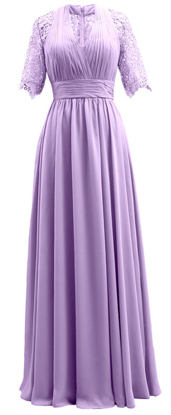 MACloth Long Mother of Bride Dresses Half Sleeves V Neck Formal Evening Gown