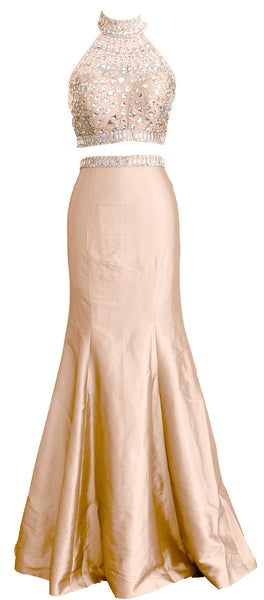 MACloth Women Mermaid Two Piece High Neck Taffeta Long Prom Dress Formal Gown