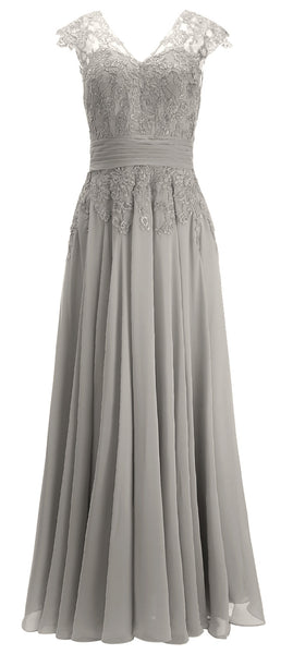 MACloth Women Maxi Mother of Bride Dresses Cap Sleeve V Neck Lace Evening Gown