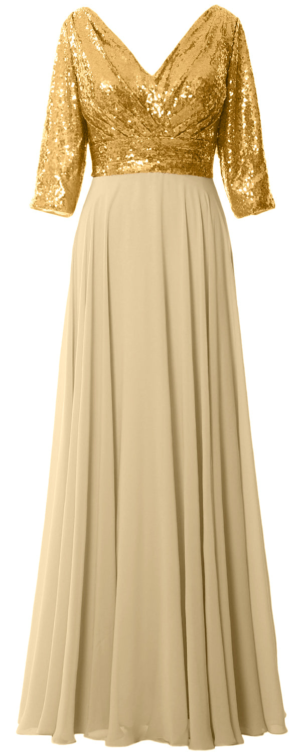 MACloth Women Long Sleeve V Neck Long Sequin Mother of Bride Dresses Maxi Gown Light Gold-Gold / Above Knee / Custom Size