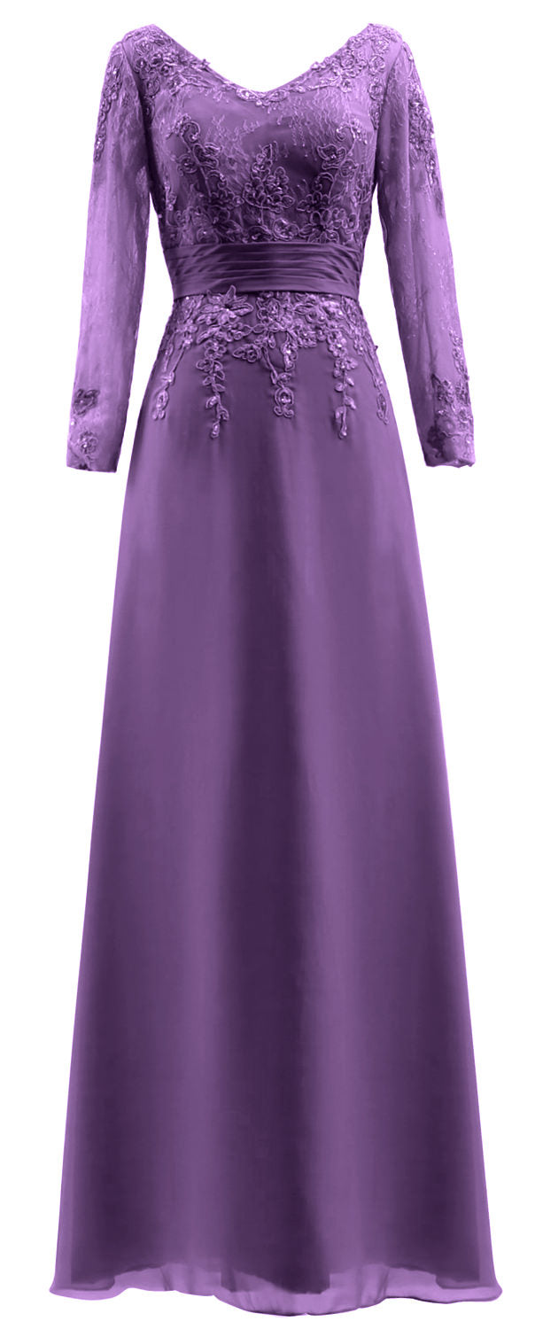 MACloth Vestidos de madre de la novia Mangas largas Cuello en V Encaje Vestido de noche formal