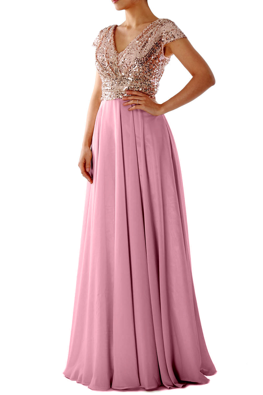Cap Sleeves V Neck Sequin Chiffon Rose Gold Bridesmaid Dress