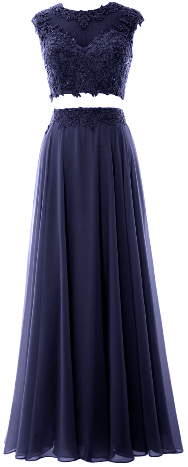 MACloth Vestido largo de fiesta de 2 piezas para mujer, de gasa con encaje, vestido formal de noche para fiesta