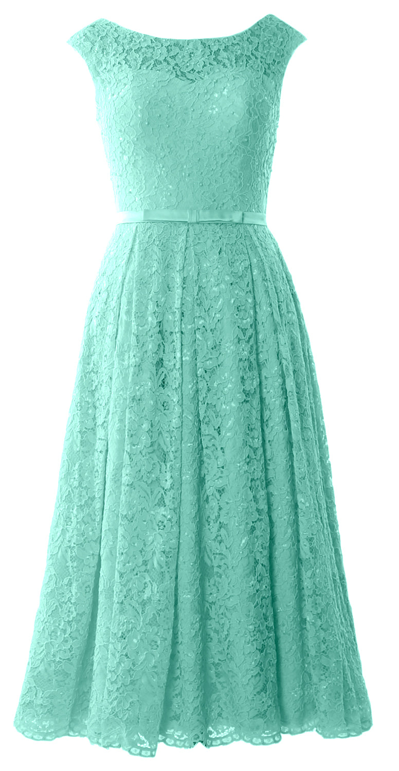 MACloth Women Tea Length Mother Bride Gown Dresses Cap Sleeve Lace Midi Corset