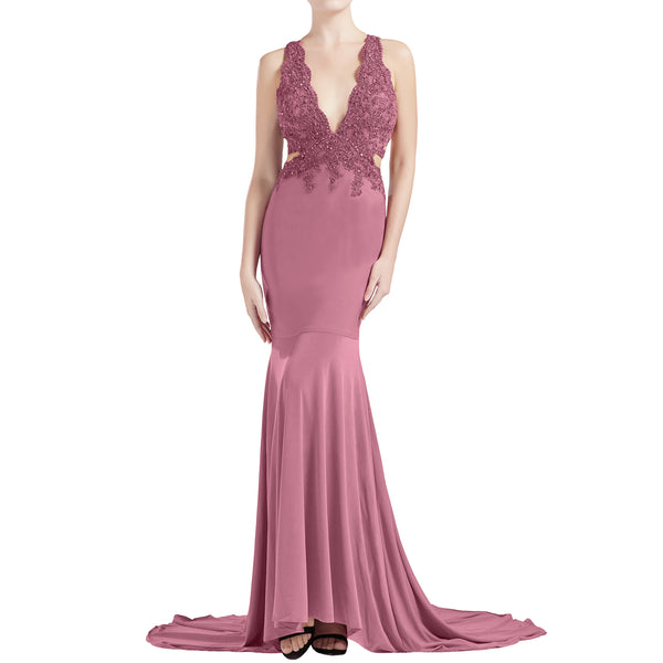 MACloth Women Mermaid V Plunging Neck Lace Long Prom Dresses Formal Evening Gown