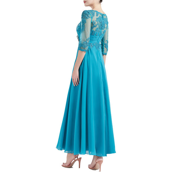 MACloth Women Tea Length 3/4 Sleeve Boat Neck Mother Bride Dresses Bridal Party