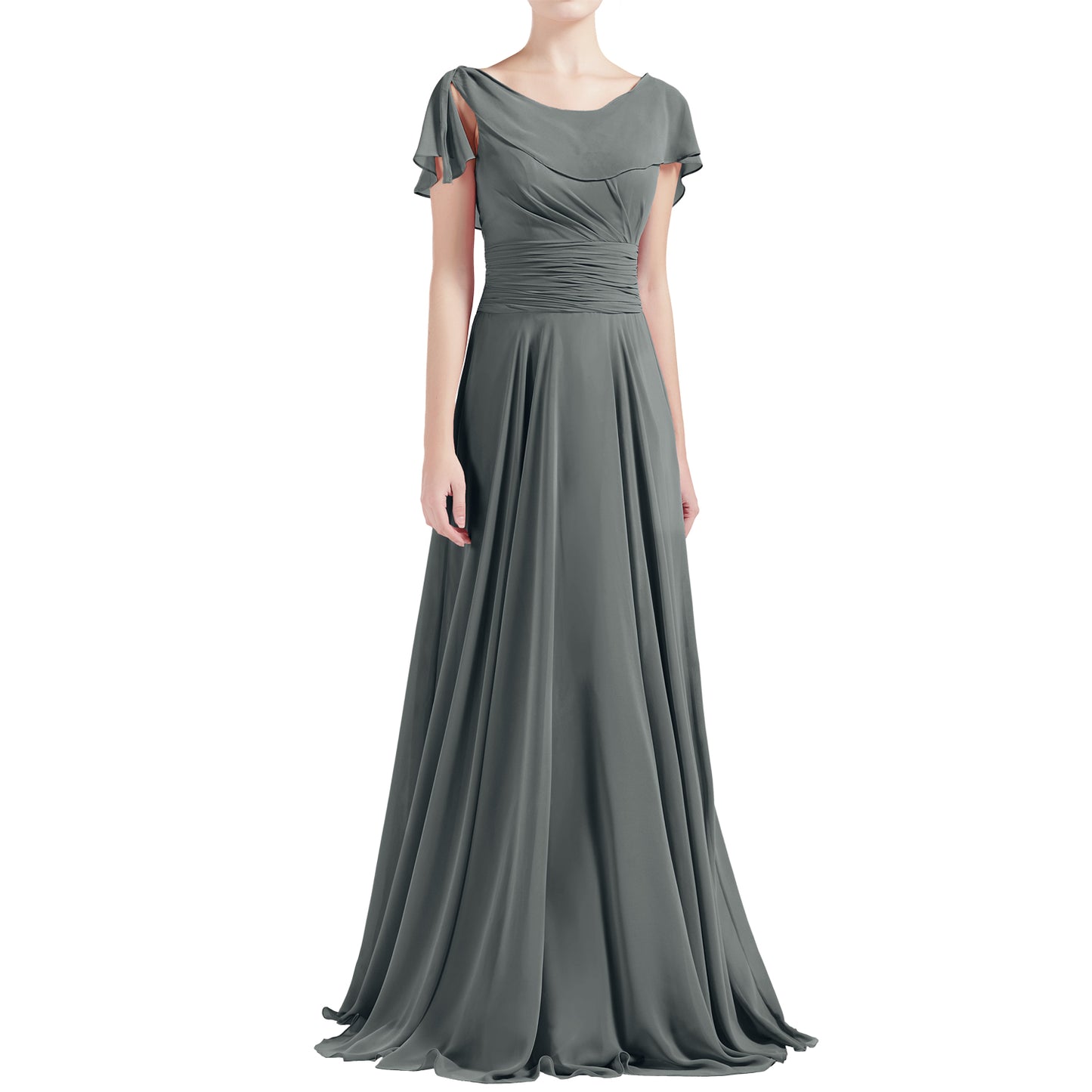 MACloth Damen O-Ausschnitt Rüschen Kurze Ärmel A-Linie Maxikleid Hochzeit Brautjungfernkleid