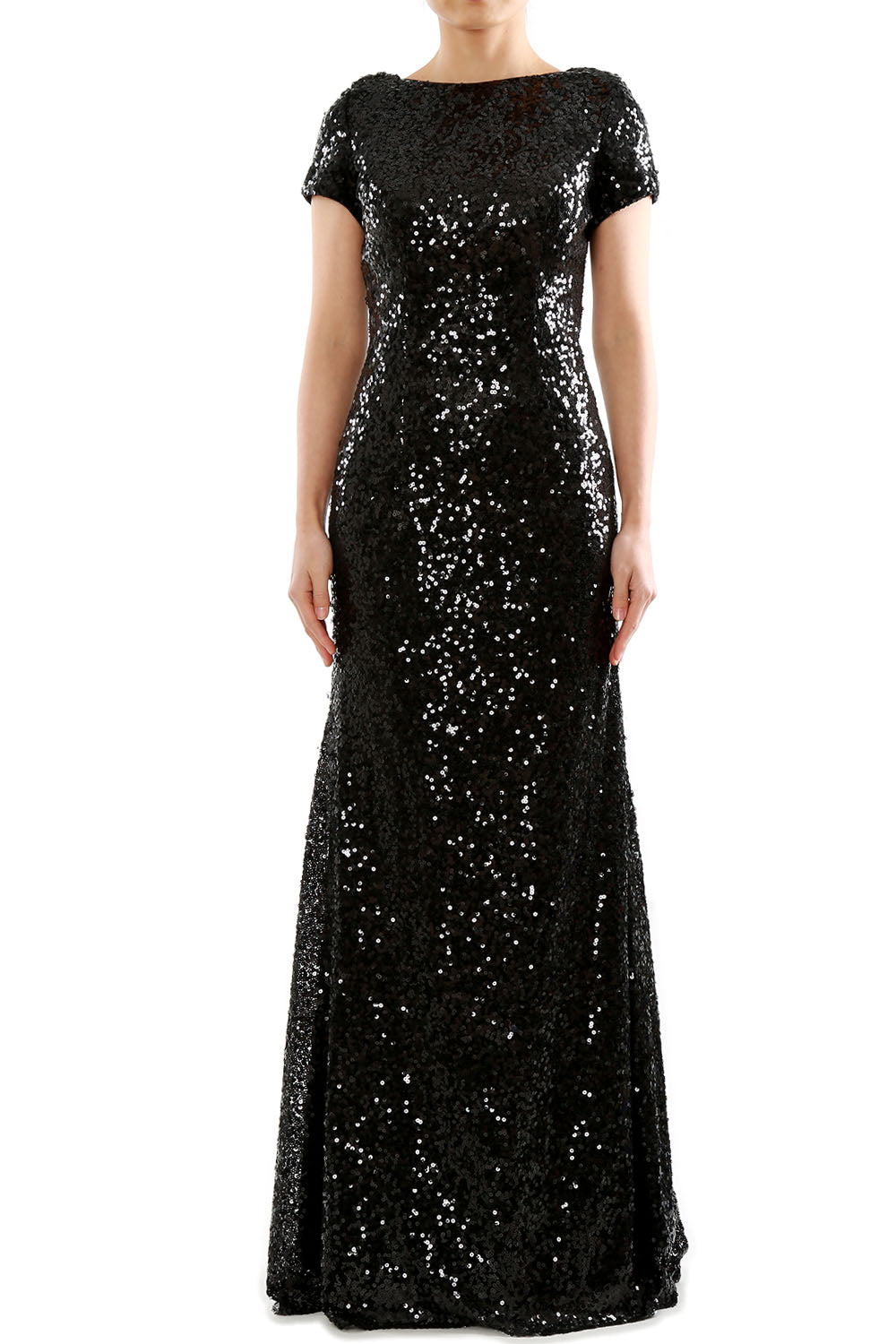 Vestido de noche formal de dama de honor largo con lentejuelas y mangas cortas de sirena de MACloth