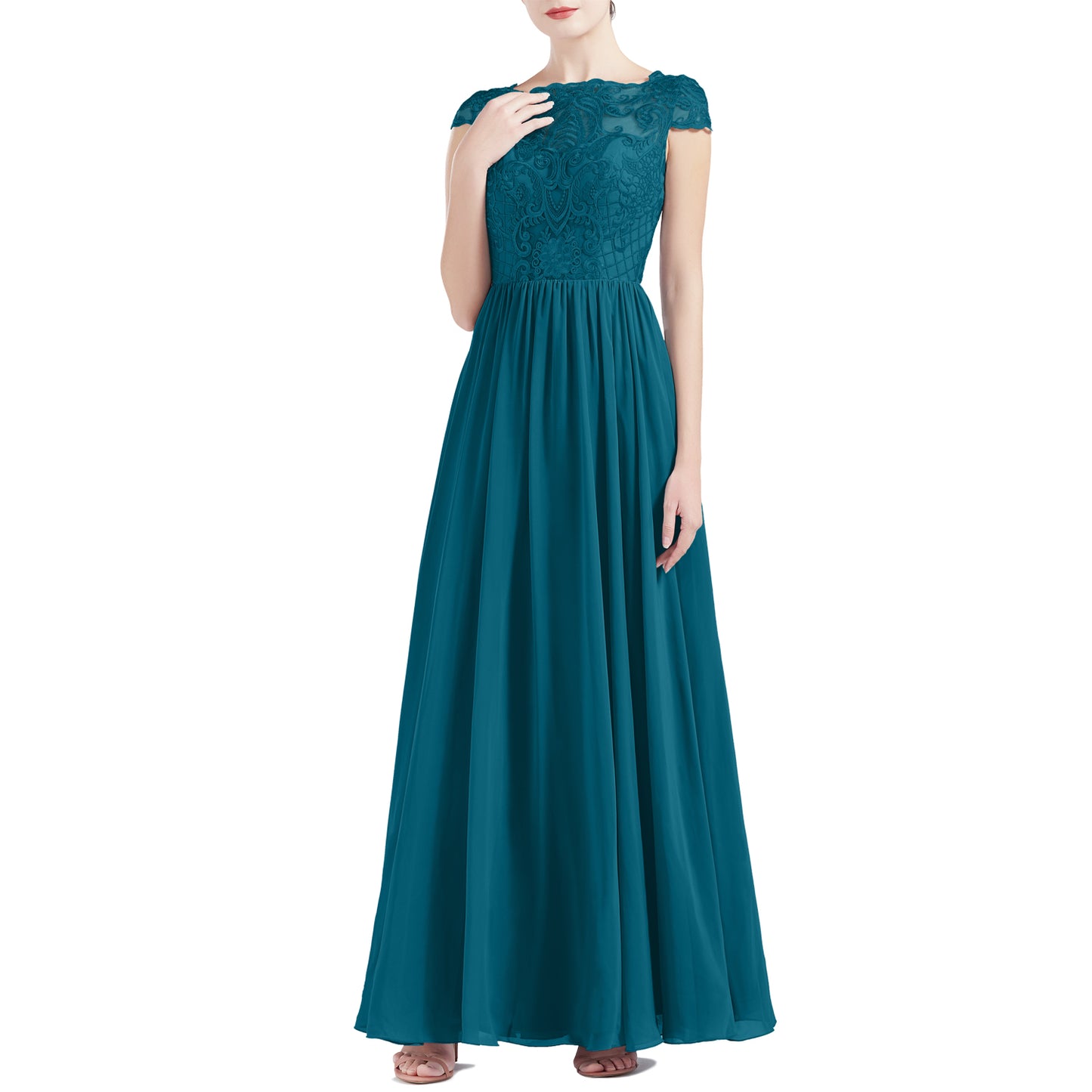 MACloth Women Cap Sleeve Scoop Lace Long Wedding Mother Bride Dresses Formal