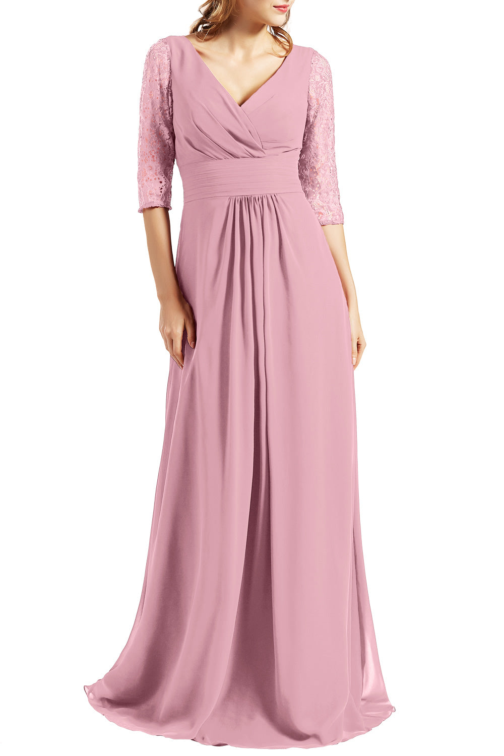 MACloth Langes Abendkleid für die Brautmutter mit V-Ausschnitt und 3/4-Ärmeln für Damen