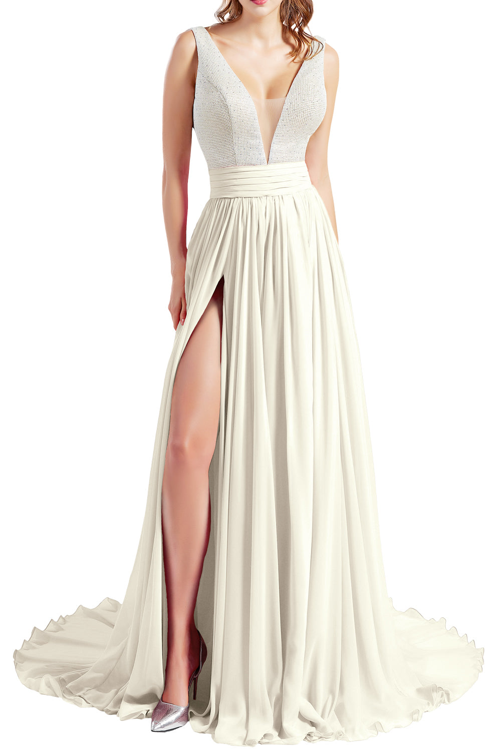 MACloth Women V Neck Long Prom Dresses Sleeveless Formal Evening Gown with Slit