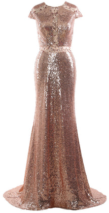 MACloth Women Evening Gown Mermaid Cap Sleeves Sequin Formal Dresses