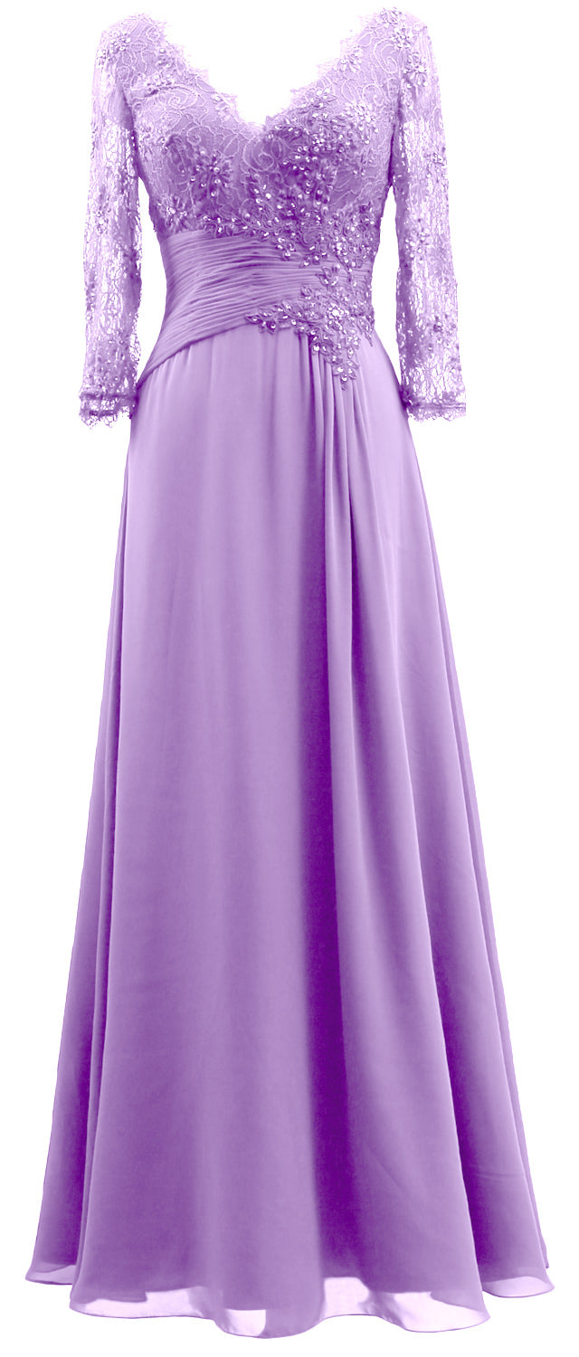 MACloth Women V Neck Long Mother of Bride Dresses 3/4 Sleeve Formal Evening Gown