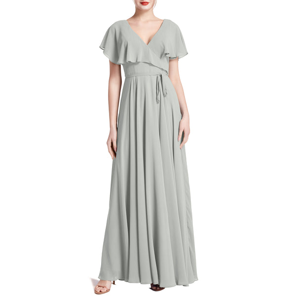 MACloth Women V Neck Ruffle BatWing Short Sleeve Maxi Wedding Bridesmaid Dresses