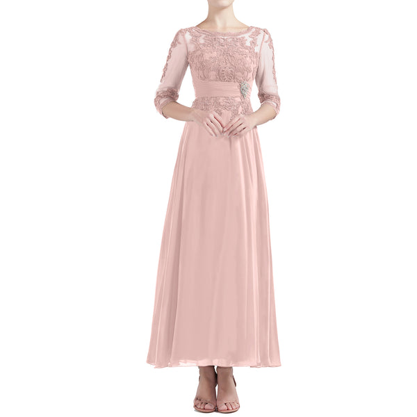 MACloth Women Tea Length 3/4 Sleeve Boat Neck Mother Bride Dresses Bridal Party