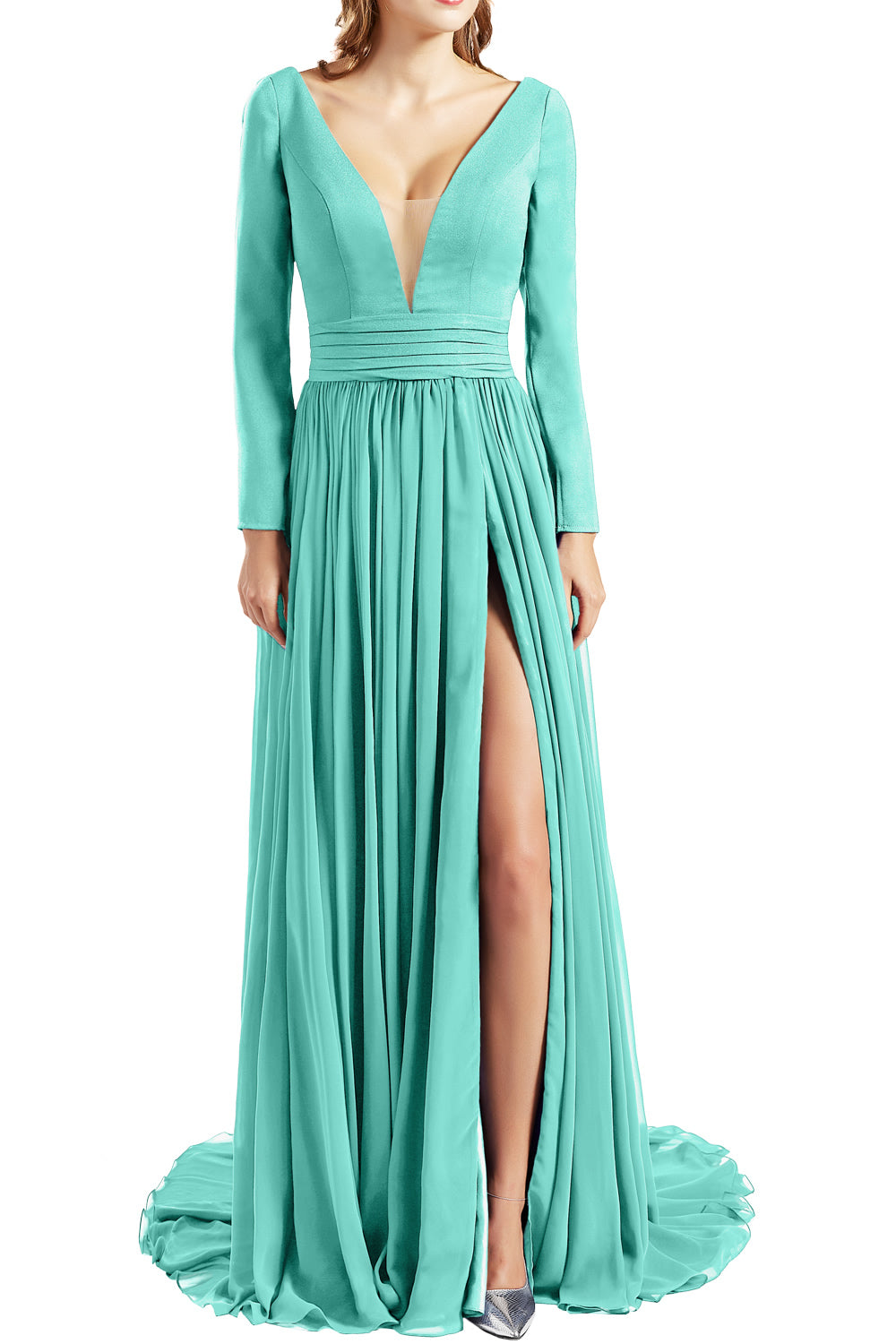 MACloth Women Plunging V Neck Long Sleeves Prom Dresses formal Evening Gown Slit